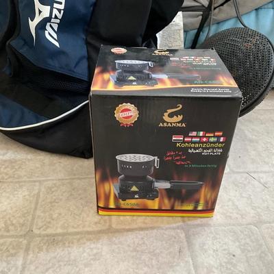 Camping Items, sleeping bag, Mizuno Duffle Bag, Hot plate