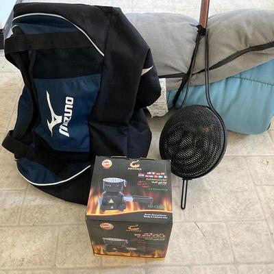 Camping Items, sleeping bag, Mizuno Duffle Bag, Hot plate