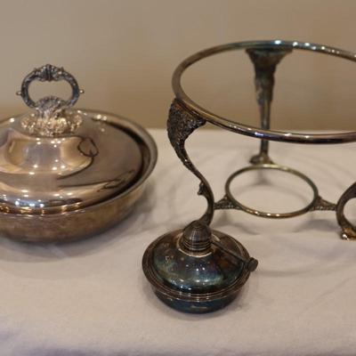 Two Chafing Dishes, Dome Stand & Burner Silverplate