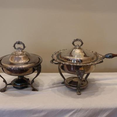 Two Chafing Dishes, Dome Stand & Burner Silverplate