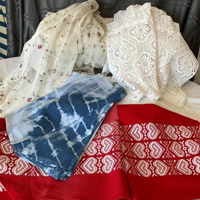 Kitchen curtains, cloth napkins, red table runner
