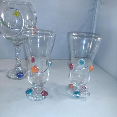 Collection of Hand Decorated Glass Drink Ware- Metal Wire and Colorful Marbles- Four Pieces