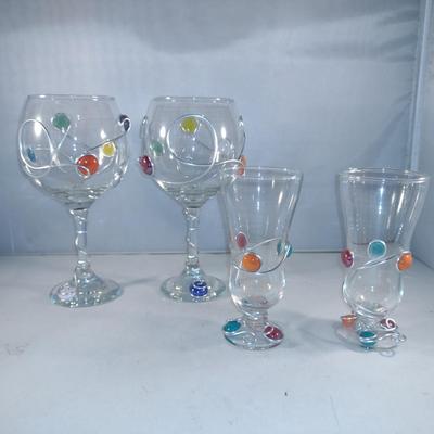 Collection of Hand Decorated Glass Drink Ware- Metal Wire and Colorful Marbles- Four Pieces