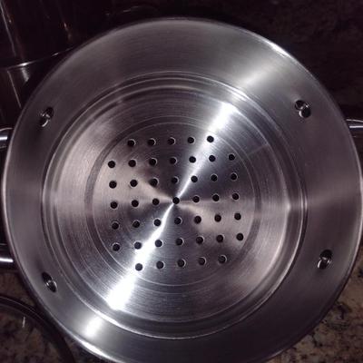 Pair of Fagor Stainless Steel Pots with Steamer and Double Boiler Inserts and Lids