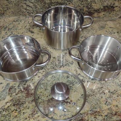 Pair of Fagor Stainless Steel Pots with Steamer and Double Boiler Inserts and Lids