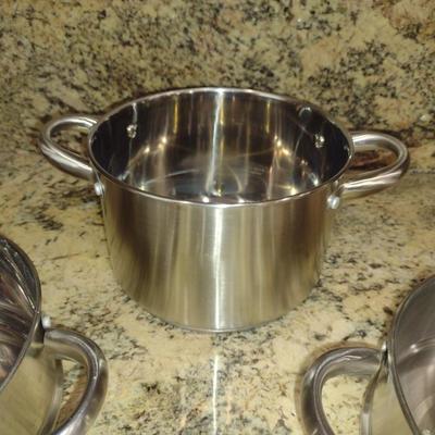Pair of Fagor Stainless Steel Pots with Steamer and Double Boiler Inserts and Lids