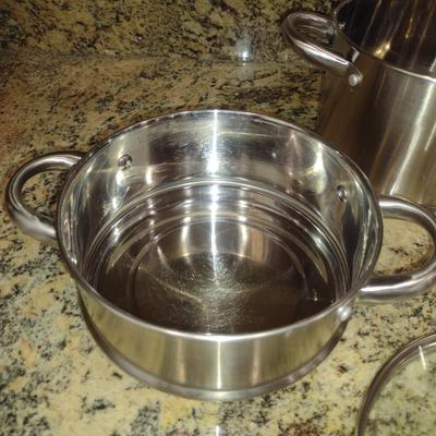Pair of Fagor Stainless Steel Pots with Steamer and Double Boiler Inserts and Lids
