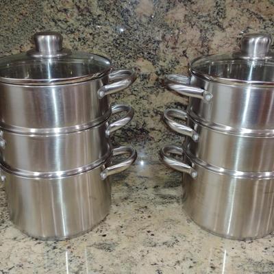Pair of Fagor Stainless Steel Pots with Steamer and Double Boiler Inserts and Lids