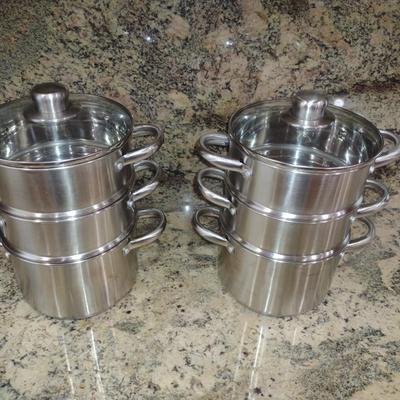 Pair of Fagor Stainless Steel Pots with Steamer and Double Boiler Inserts and Lids