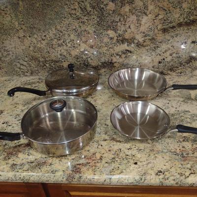 Collection of Stainless Steel Cookware- Calphalon (8" and 10") and Farberware (10" and 2 3/4 Qt. Size)