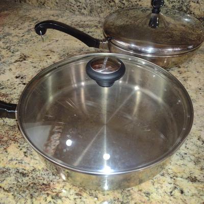 Collection of Stainless Steel Cookware- Calphalon (8" and 10") and Farberware (10" and 2 3/4 Qt. Size)