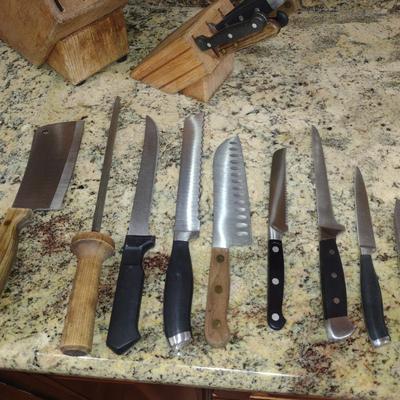 Collection of Cutlery with Two Wooden Blocks- Assorted Makers