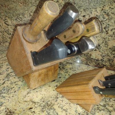 Collection of Cutlery with Two Wooden Blocks- Assorted Makers