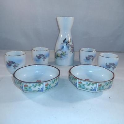 Assorted Hand Painted Asian Dishes- Includes Sake Set
