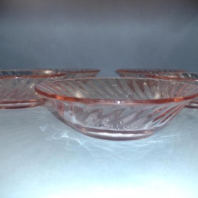 Set of Five Pink Glass Swirl Design Berry Bowls- Approx 5 1/4" in Diameter