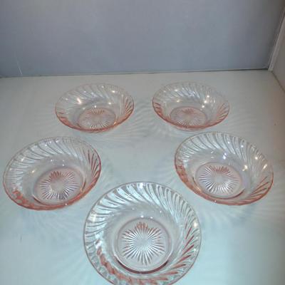 Set of Five Pink Glass Swirl Design Berry Bowls- Approx 5 1/4" in Diameter