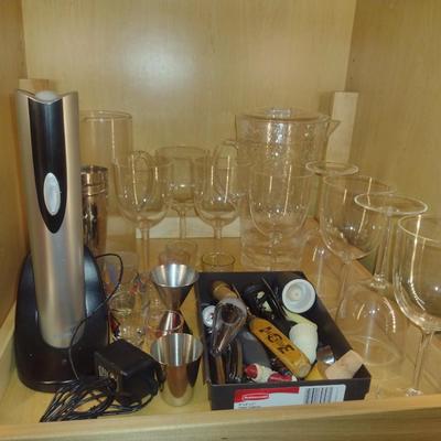 Assorted Bar Ware- Utensils, Oster Cork Remover, Plastic Pitcher with Goblets