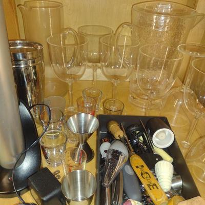 Assorted Bar Ware- Utensils, Oster Cork Remover, Plastic Pitcher with Goblets
