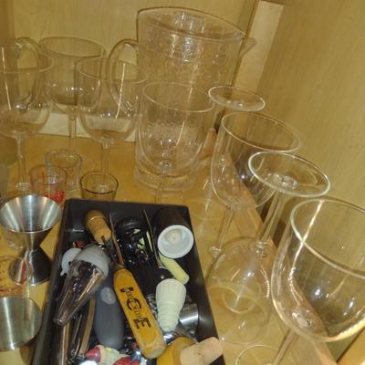 Assorted Bar Ware- Utensils, Oster Cork Remover, Plastic Pitcher with Goblets