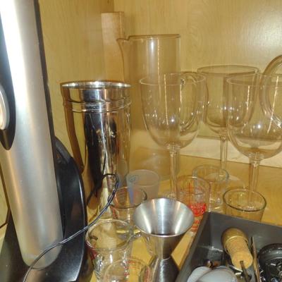 Assorted Bar Ware- Utensils, Oster Cork Remover, Plastic Pitcher with Goblets