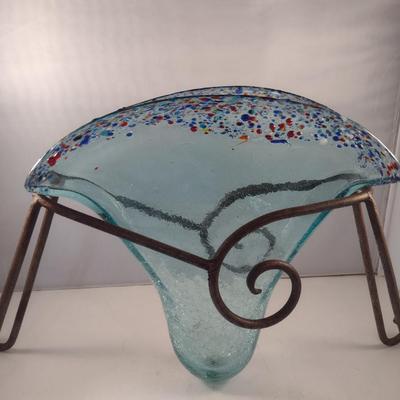 Art Glass Vase with Metal Stand