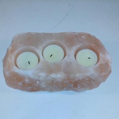 Rose Quartz Tea Light Candle Holder- Three Cavity- Approx 7" x 4"