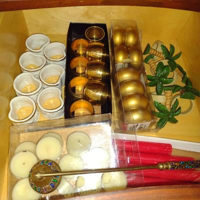 Collection of Home and Table Decor- Assorted Napkin Rings and Candles with Snuffer