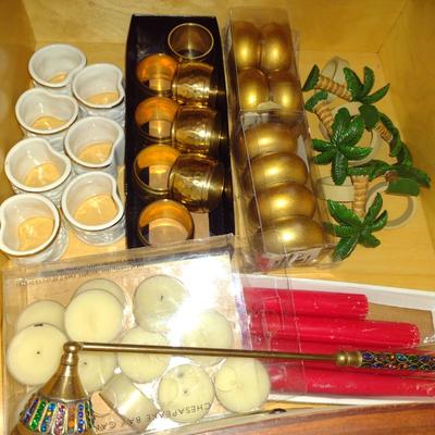 Collection of Home and Table Decor- Assorted Napkin Rings and Candles with Snuffer