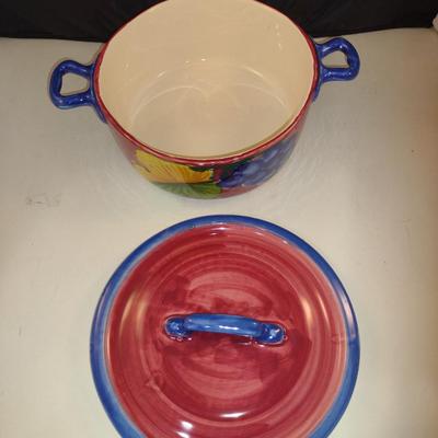 Hand Painted Italian Ceramic Vegetable Bowl with Lid- Approx 8 3/4" in Diameter