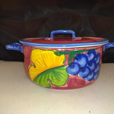 Hand Painted Italian Ceramic Vegetable Bowl with Lid- Approx 8 3/4" in Diameter