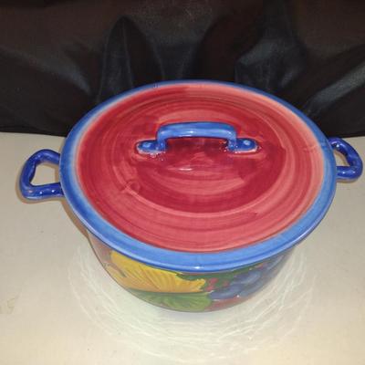 Hand Painted Italian Ceramic Vegetable Bowl with Lid- Approx 8 3/4" in Diameter