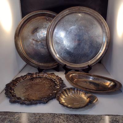 Collection of Metal Serve Ware- Trays and Bowls