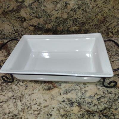 Certified International Porcelain Rectangular Serving Bowl with Metal Stand- Approx 10" x 15"