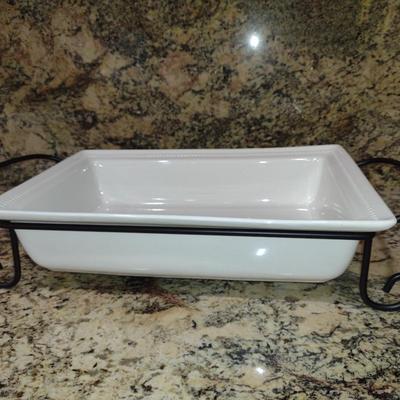 Certified International Porcelain Rectangular Serving Bowl with Metal Stand- Approx 10" x 15"