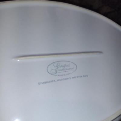 Certified International Porcelain Oval Serving Bowl with Metal Stand- Approx 10" x 15 1/2"