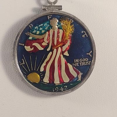 Colorized 1942 Walking Liberty Half Dollar Coin Pendant- Sterling Silver (#7)