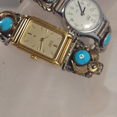 Pair of Ladies Watches with Partial Sterling Silver and Stone Bands- Not in Running Condition (#11)