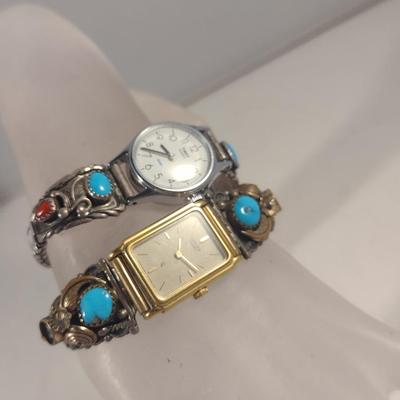 Pair of Ladies Watches with Partial Sterling Silver and Stone Bands- Not in Running Condition (#11)