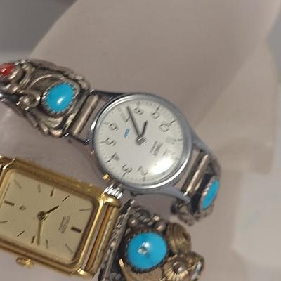Pair of Ladies Watches with Partial Sterling Silver and Stone Bands- Not in Running Condition (#11)