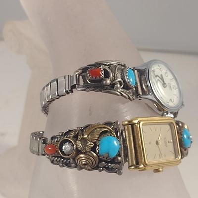Pair of Ladies Watches with Partial Sterling Silver and Stone Bands- Not in Running Condition (#11)