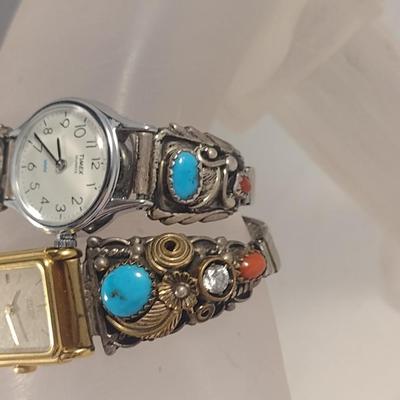 Pair of Ladies Watches with Partial Sterling Silver and Stone Bands- Not in Running Condition (#11)