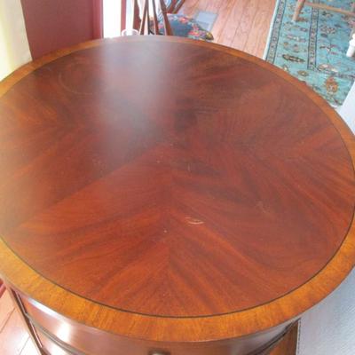 Antique Ethan Allen Round Inlaid Crotch Mahogany 2 Drawer Side Table (LR)