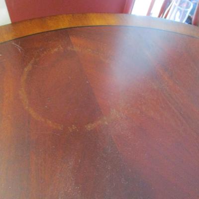 Antique Ethan Allen Round Inlaid Crotch Mahogany 2 Drawer Side Table (LR)
