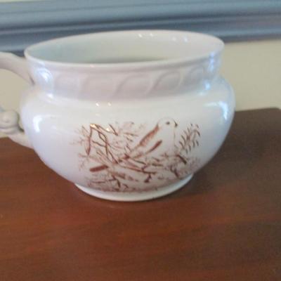 Antique Porcelain Chamber Pot Birds On Both Sides Transferware (DR)