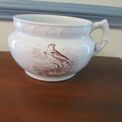 Antique Porcelain Chamber Pot Birds On Both Sides Transferware (DR)