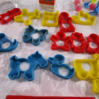 15 small Cookie cutters, birthday candle holders, nut cups, garnish cutter, glass tumbler