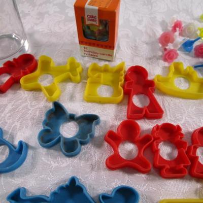 15 small Cookie cutters, birthday candle holders, nut cups, garnish cutter, glass tumbler