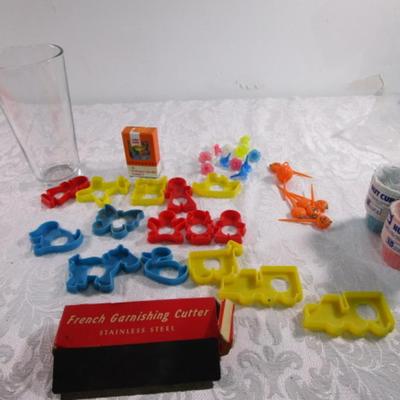 15 small Cookie cutters, birthday candle holders, nut cups, garnish cutter, glass tumbler
