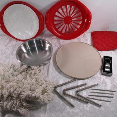 Lazy Susan, 2 paper plate holders, bowl, nutcrackers, mop head, hot pad, keychain