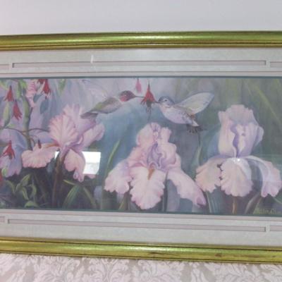 Framed pictures hummingbirds, irises & fuschias